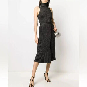 NWT Diane Von Furstenberg DVF Lennon Metallic Wool Dress Black/Silver Small